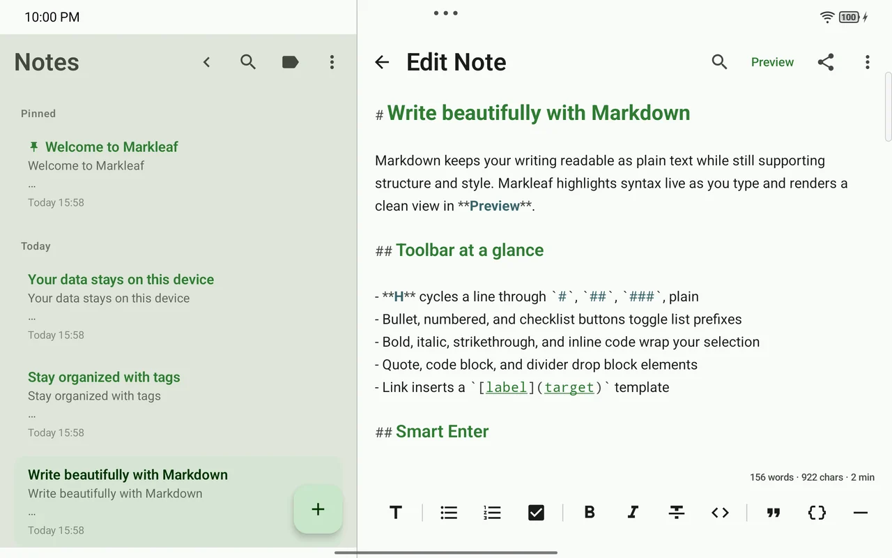 Markleaf 노트 목록과 Markdown 편집기가 함께 열린 실제 앱 화면