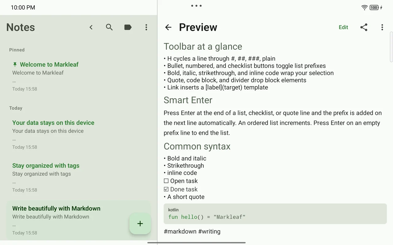 Markdown 원문과 렌더링된 미리보기를 보여주는 Markleaf 화면