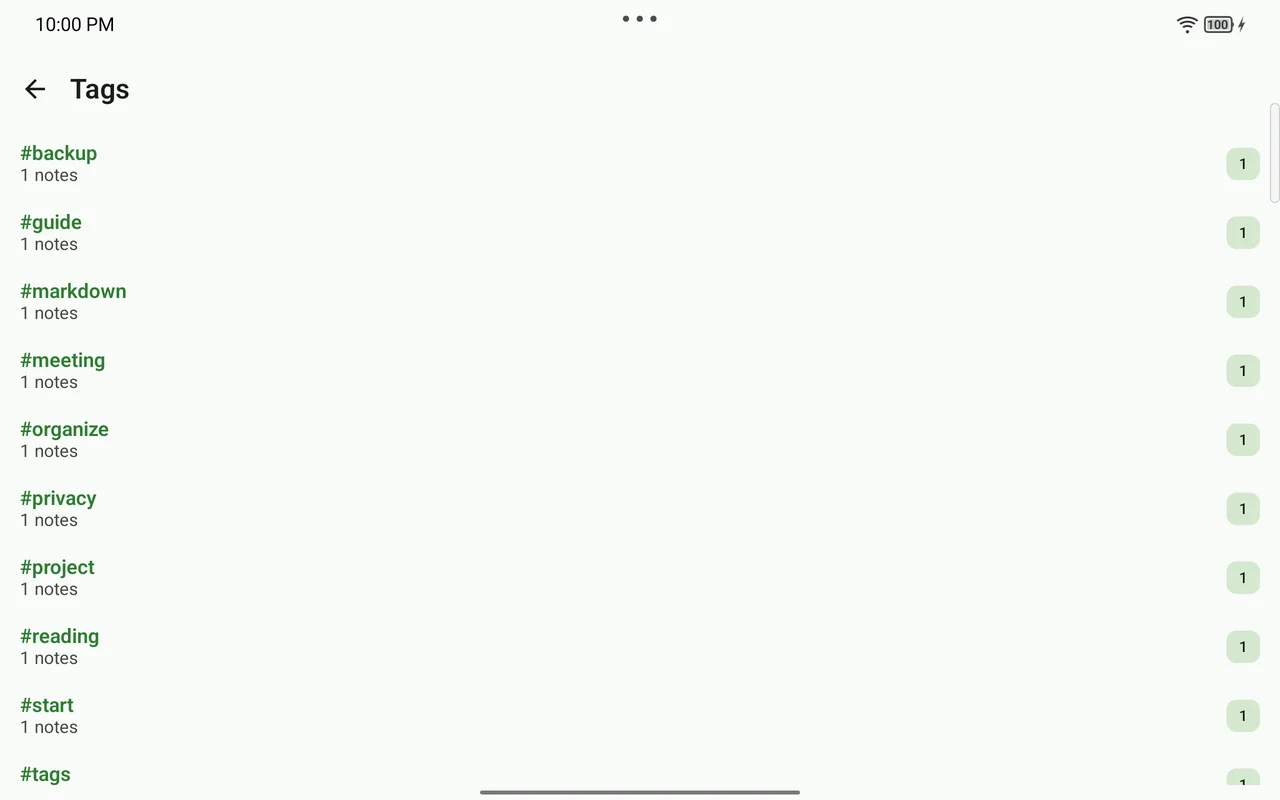 여러 태그와 각 태그의 노트 수를 보여주는 Markleaf 태그 화면