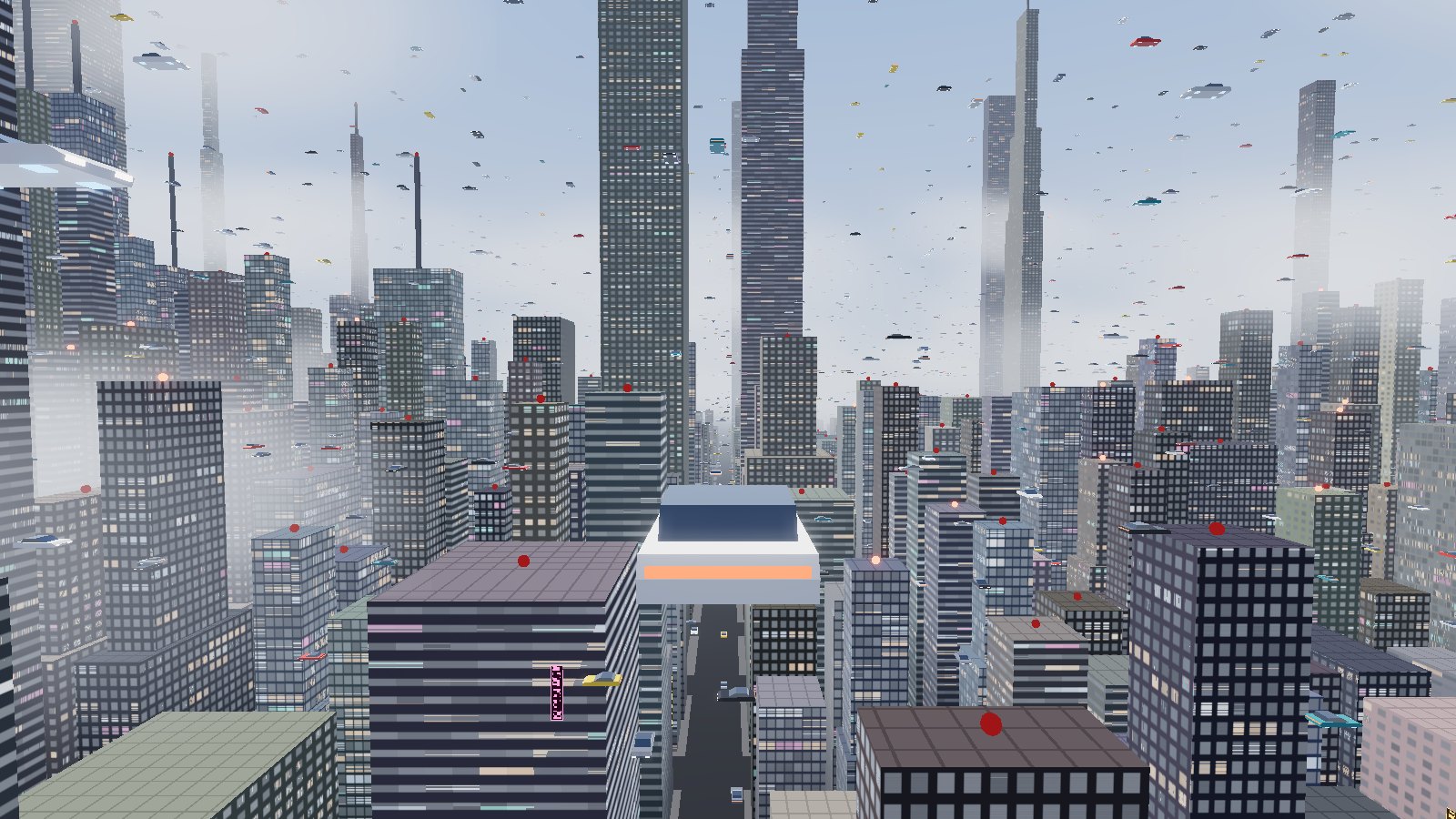 Daytime view down a street canyon of glass towers