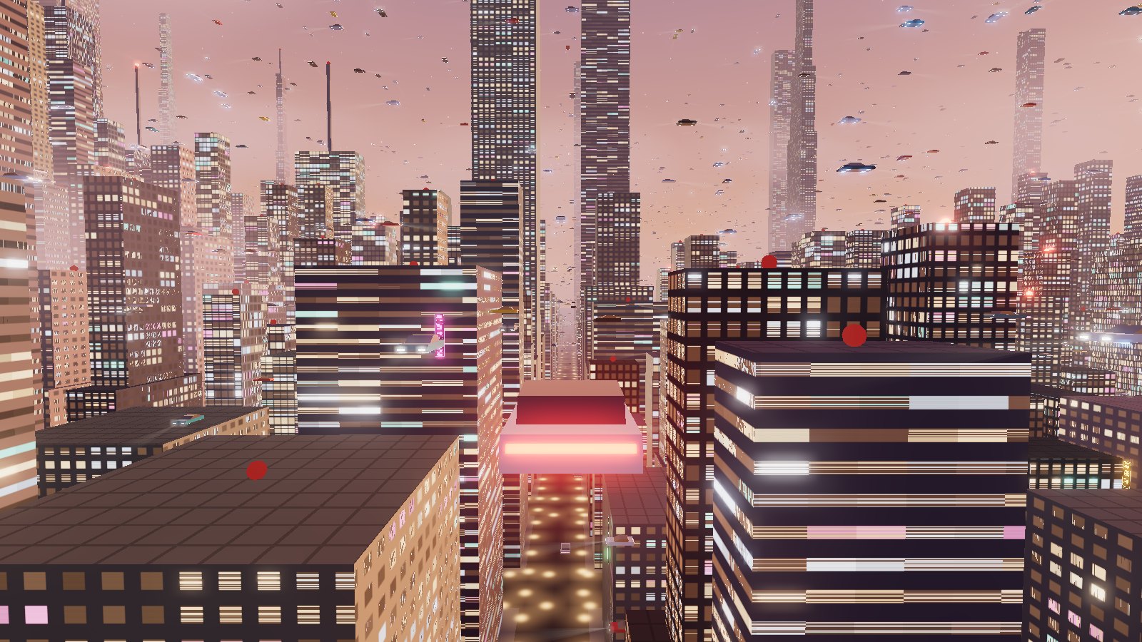Chasing a flying car through towers at dusk