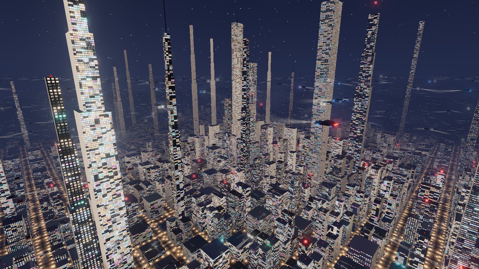 Aerial night view over the whole city with lit streets and towers